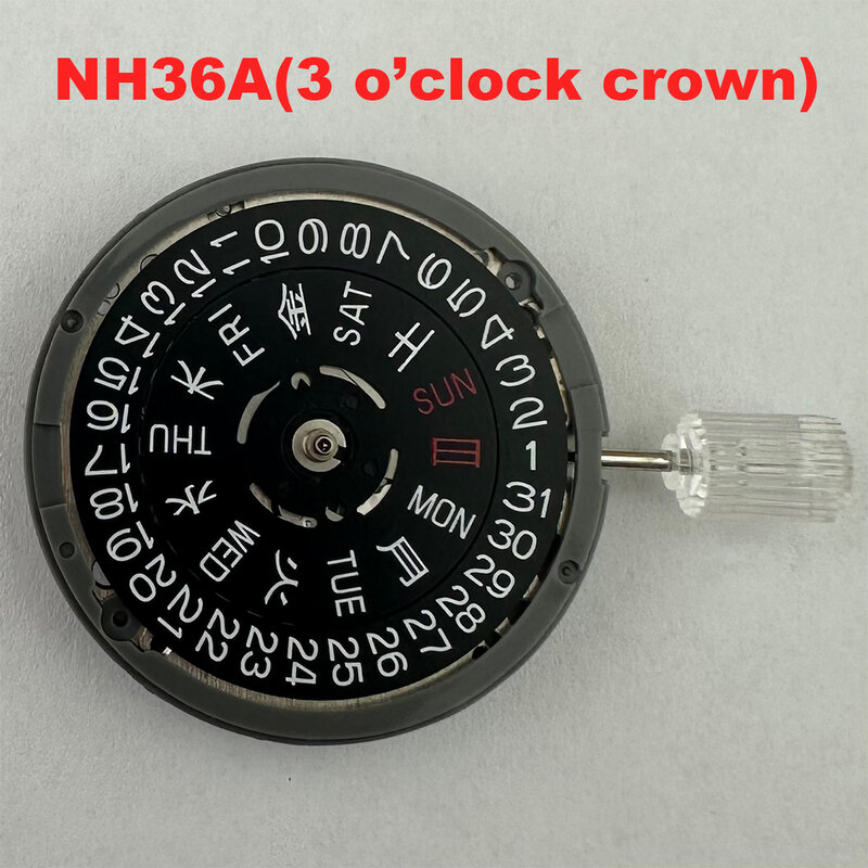 NH36A movimiento mecánico de alta precisión, 5 filas y calendario negro inglés, corona de 3 en punto, piezas de repuesto