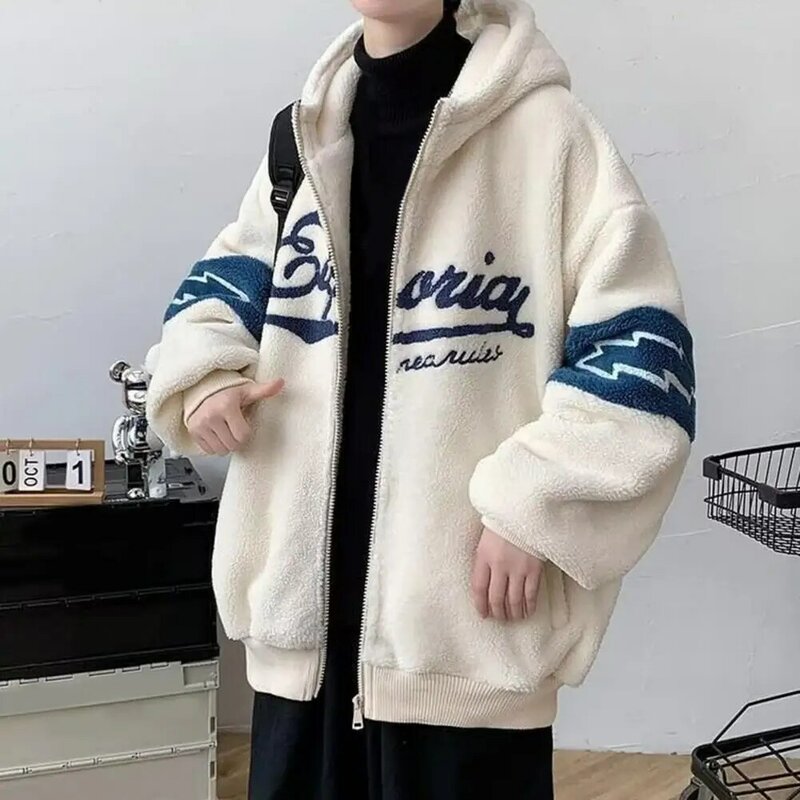 Men Warm Coat Stylish Men's Winter Coat Warm Hooded Cardigan with Letter Print Thick Fabric Multiple Pockets for Cold Resistance