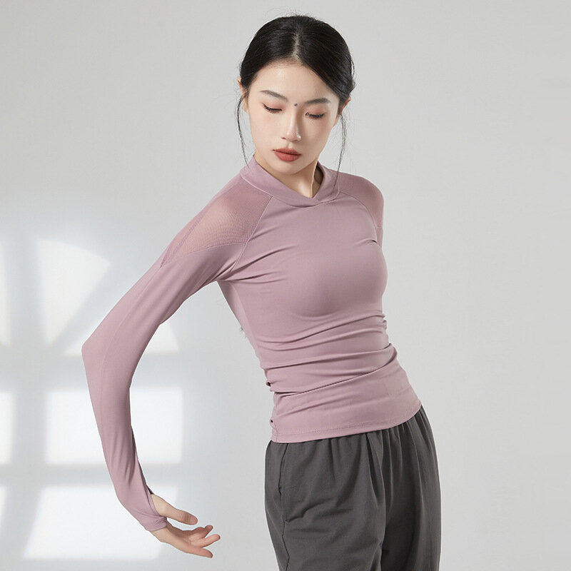 Erwachsene Slim Fit Mock V-Ausschnitt transparente Schulter Bauchtanz T-Shirt Top Kostüm für Frauen Tanz kleidung Tänzer Kleidung tragen