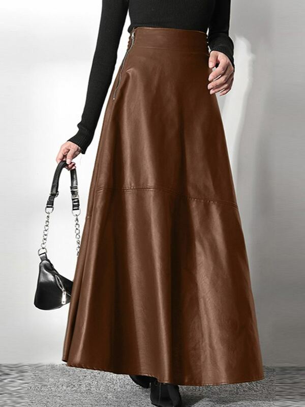 女性のためのエレガントなロングスカート,合成皮革,ハイウエスト,ジッパー付き,ファッション2023