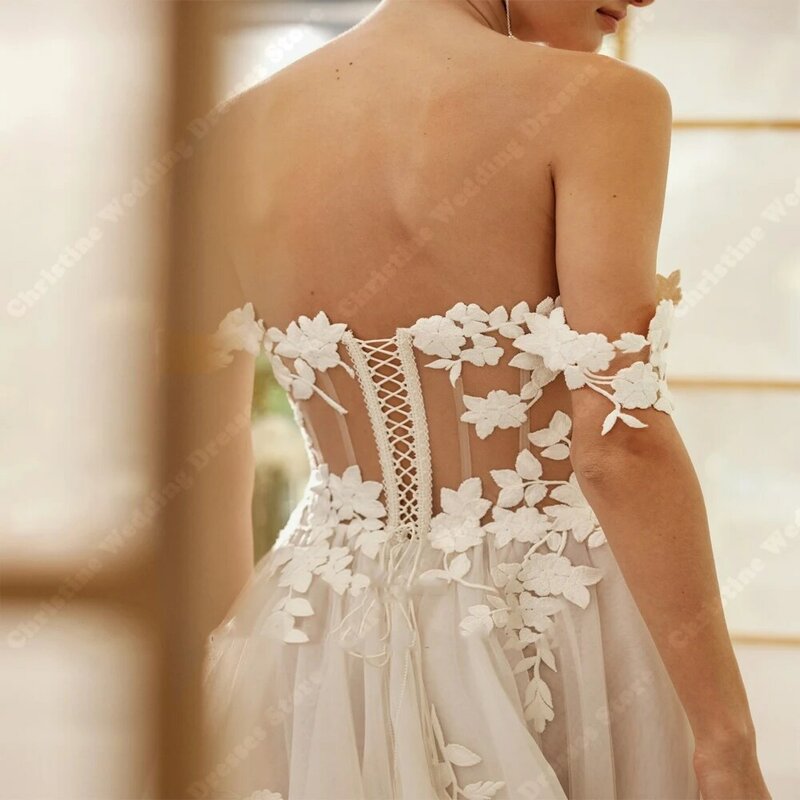 Bright Off Shoulder A-Line Celebrity Women Wedding  Custom Made Bridal Gowns Mopping Length Princess Bohemian Vestidos De Novias