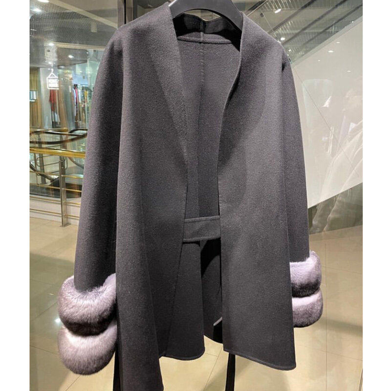 女性のミドル丈カシミヤコート,本物のウールジャケット,自然なレックスラビットファーカフ,高級服