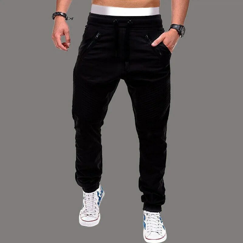 2024 men's new casual fashion tether elastic sports pants double zipper striped toe pants overalls