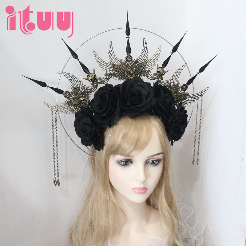 Punk Spiked Crown Headpiece Gothic Lolita Queen Goddess Cosplay Baroque Rose Flower Halo Headband Dragon Skull Hair Accessories