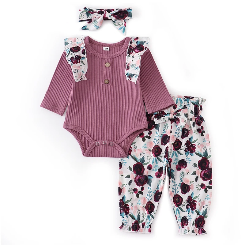 ヘッドバンド付きニットフリルロンパース、新生児の女の子のための綿の服セット、かわいい幼児、紫、プリントパンツ、3個