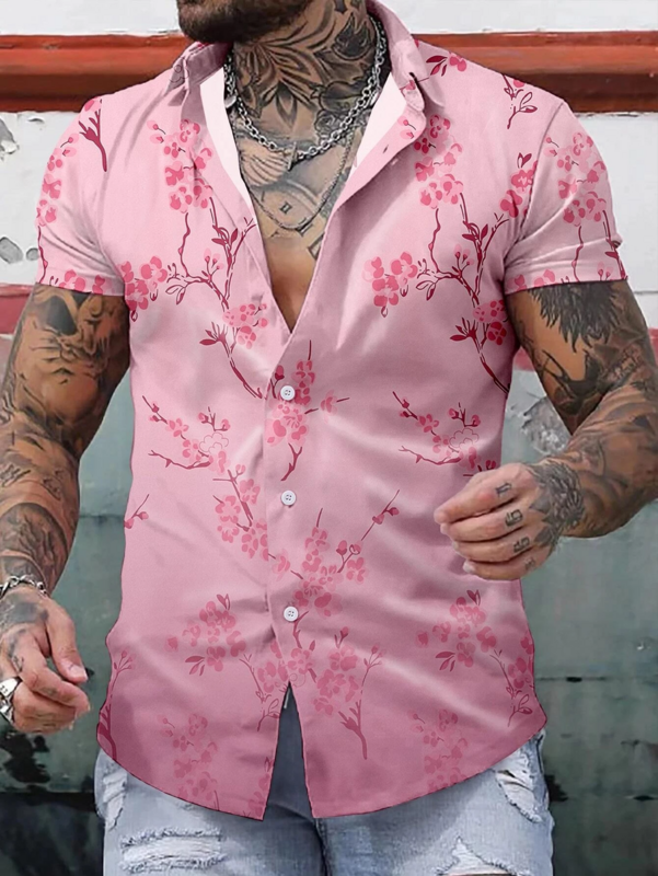 Men's Hawaiian Shirts Button-Down Floral Print Short Sleeve Shirt With Irregular Floral Cut For Casual & Vacation In Summer