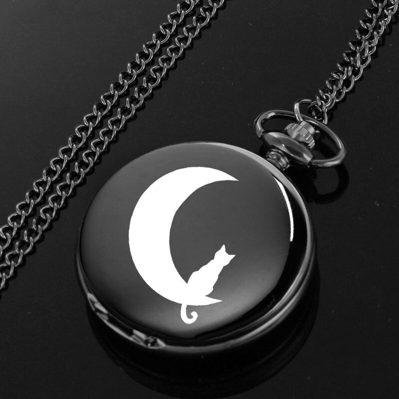 Reloj de bolsillo con diseño de gato sentado en la Luna, reloj de cuarzo negro con cadena tallada, alfabeto inglés, regalo perfecto