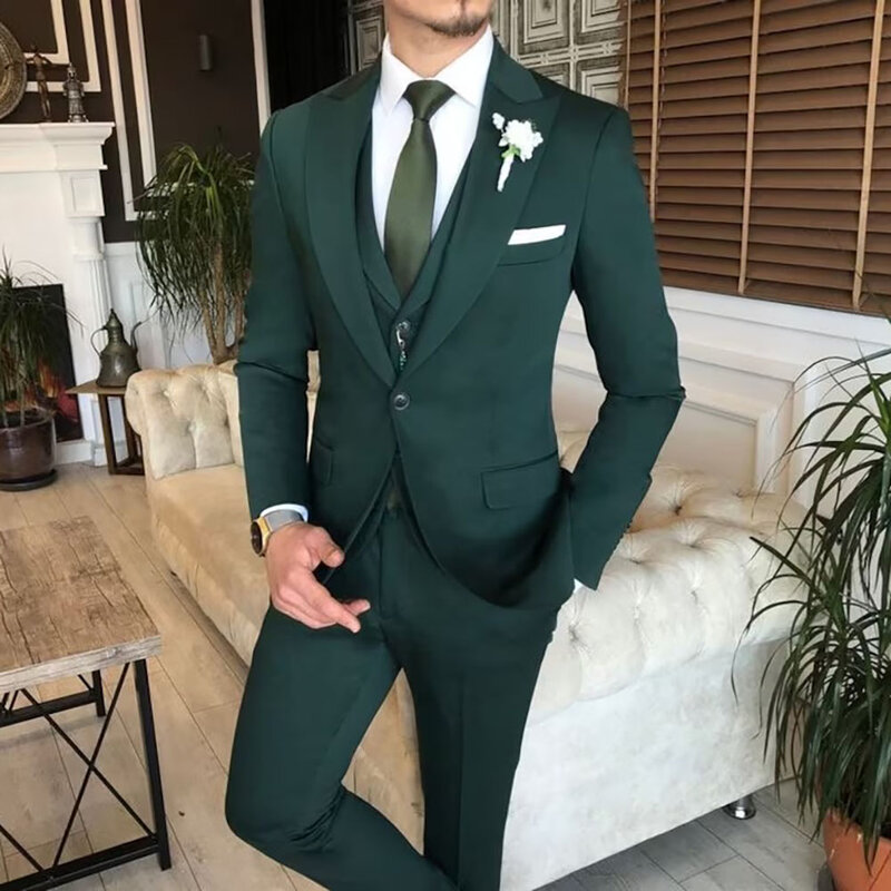 Terno de três peças de luxo masculino, jaqueta, calça, colete, slim fit, peito único, lapela de pico, blazer de casamento formal, verde, 2024