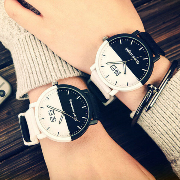 Lovers Watch Intimate Regards Good Morning Good Night Dial Leather Quartz Watch Fashion Trending Black White Case Couple Watches