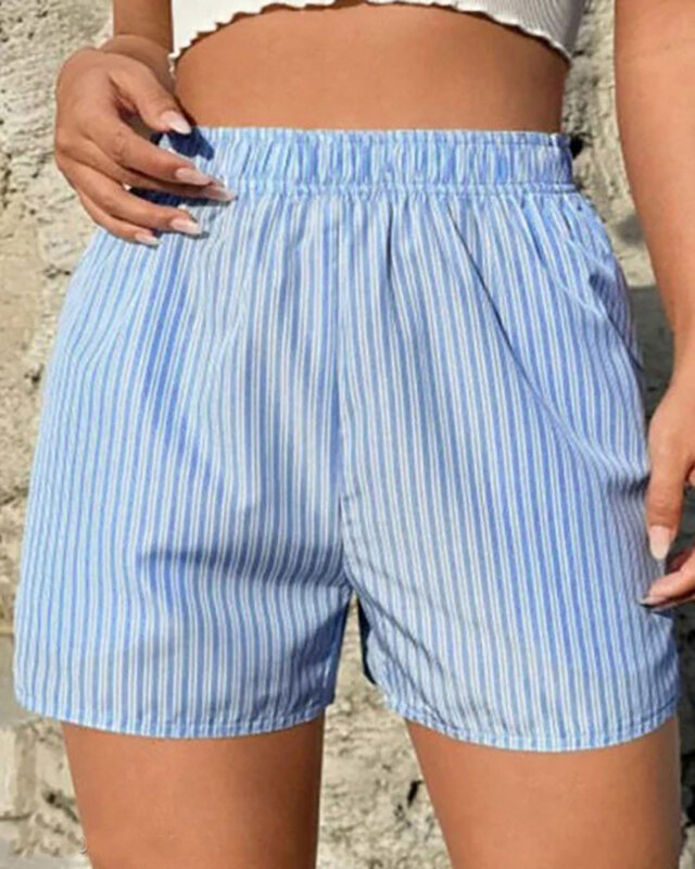 Celana pendek wanita musim panas, celana pendek bergaris saku longgar kasual mode baru 2023