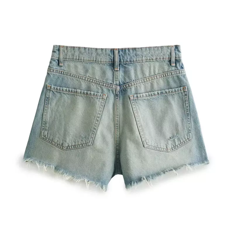 Shorts jeans de cintura alta feminino com decoração de furos, botão retrô, brincalhão chique, moda casual, novo, 2022