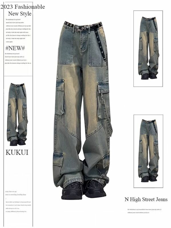 Осенние винтажные персонализированные уличные тяжелые промышленные новые свободные джинсы универсальные градиентные рабочие брюки женские джинсы y2k