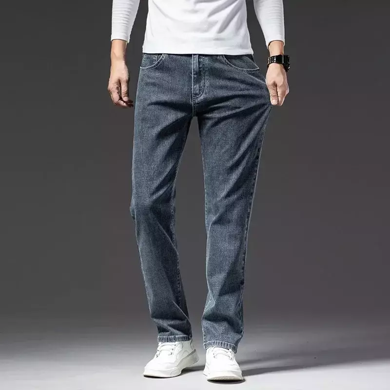 Мужские джинсы из плотной стрейчевой ткани, черные или синие джинсы в классическом деловом стиле, Осень-зима 2024