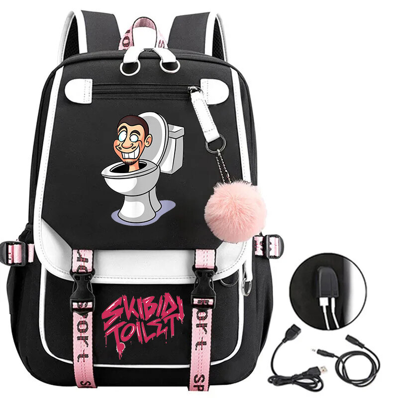 Skibidi-Mochilas com Carregamento USB, Cartoon Speakers para Meninas Adolescentes, Mochilas Escolares, Bolsa para Laptop, Bolsa para Estudantes, Moda
