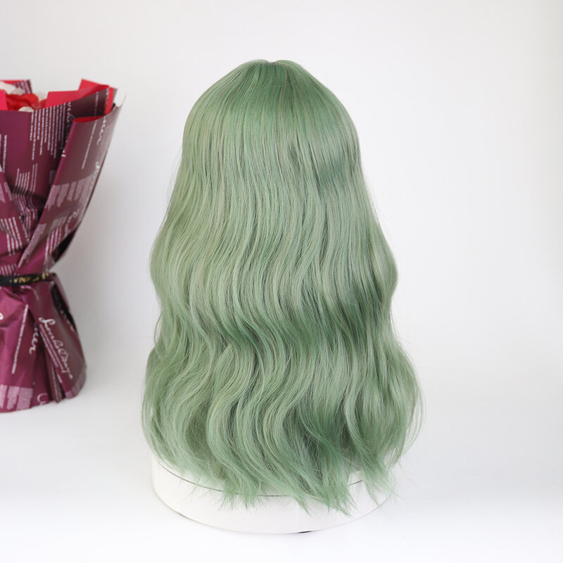 Conjunto de Peluca de cabeza completa con flequillo de aire para mujer, cabello rizado de longitud media verde, pelo liso, fibra sintética verde de nicho, lindo, nuevo