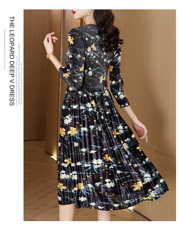 Sanzhai-プリーツの花柄ドレス,伸縮性のある十分な,大きいサイズ,膝丈,Vネック,スリム,ゴールドベルベット,秋冬,新しいコレクション2023