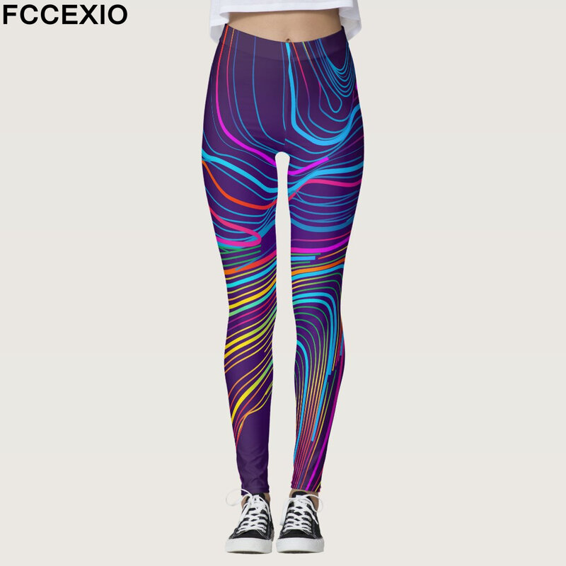 Летние Новые геометрические граффити FCCEXIO женские спортивные Леггинсы с высокой талией для бега фитнеса тренировок йоги спортзала брюки
