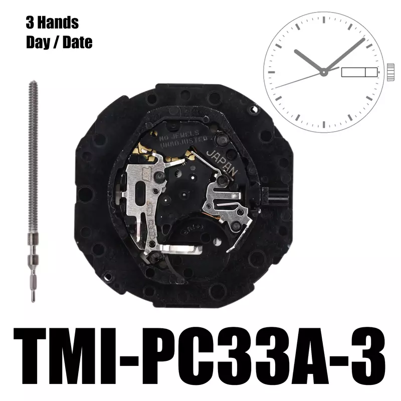 การเคลื่อนไหว PC33 TMI-PC33A การเคลื่อนไหวปฏิทินคู่-PC33A 3มือวัน/วันที่ขนาด: 10นิ้วความสูง: 4.15มม.