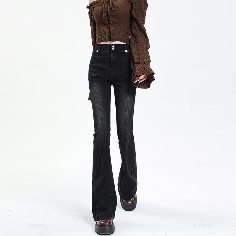 Женские расклешенные джинсы, винтажные женские узкие эластичные джинсовые брюки с высокой талией, повседневные брюки больших размеров в корейском уличном стиле