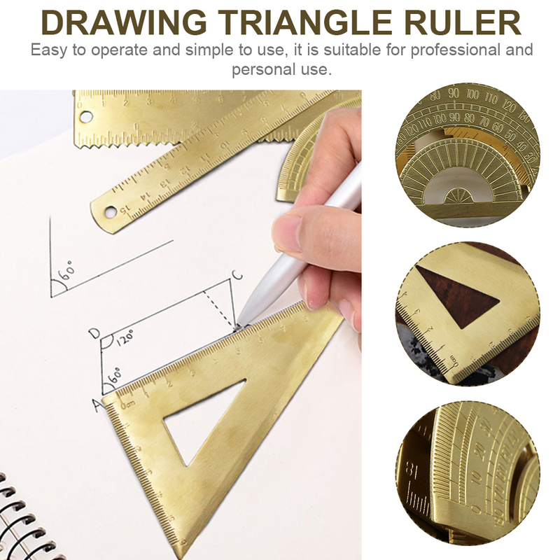 Regla triangular de dibujo, Regla de medición geométrica, transportador de latón, 1 Juego