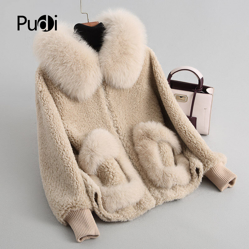 PUDI A18103 Women's Winter Wool Warm Real Fox Fur Hood Coat Lady Real Wool Long Coat Jacket Overcoat