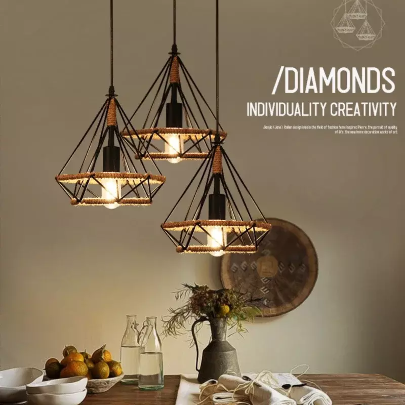 Lustre industrial retro personalizado Lâmpada de corda de cânhamo em forma de diamante Sótão preto russo, gaiola, sala de jantar, estar, cozinha, quarto