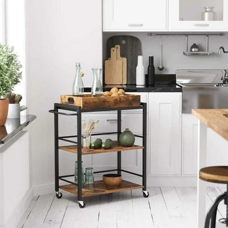 Industrial Bar Cart, Serving Cart with Wheels and Handle, 3-Tier Beverage Cart with Removable Tray and Storage Shelves