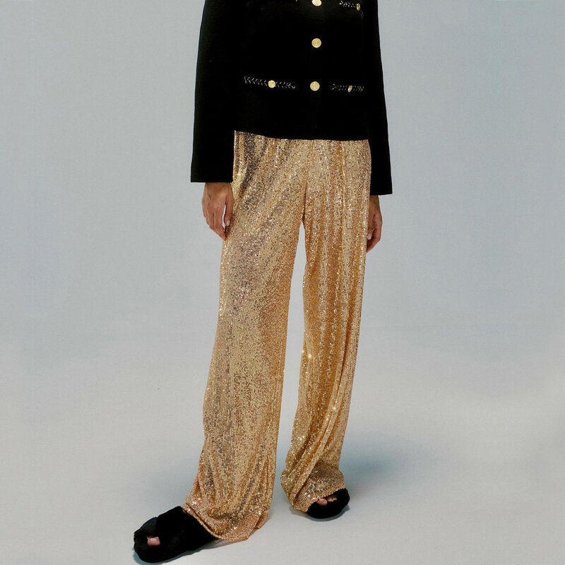 Pantalones de pierna recta para mujer, pantalones de lentejuelas de Color sólido, moda informal, nuevo