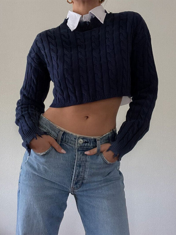 Women'S Autumn And Winter Twist Knitted Tops Solid Color Loose Long-Sleeved Ripped Round Neck Cropped Knitted Sweater Tops