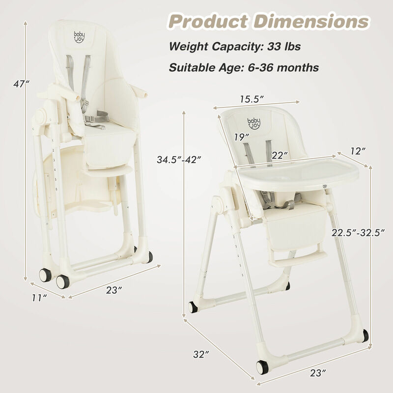 Babyjoy 4-in-1 Foldable Baby High Chair Height Adjustable Feeding Chair w/ Wheels Beige