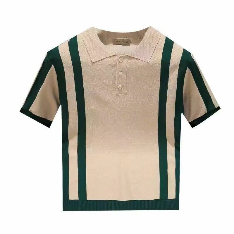 Summer New Fashion Korean Youth Men Polo Shirt Lapel Button Patchwork Stripe Ice Silk Color Matching Slim Short Sleeved Knit Top