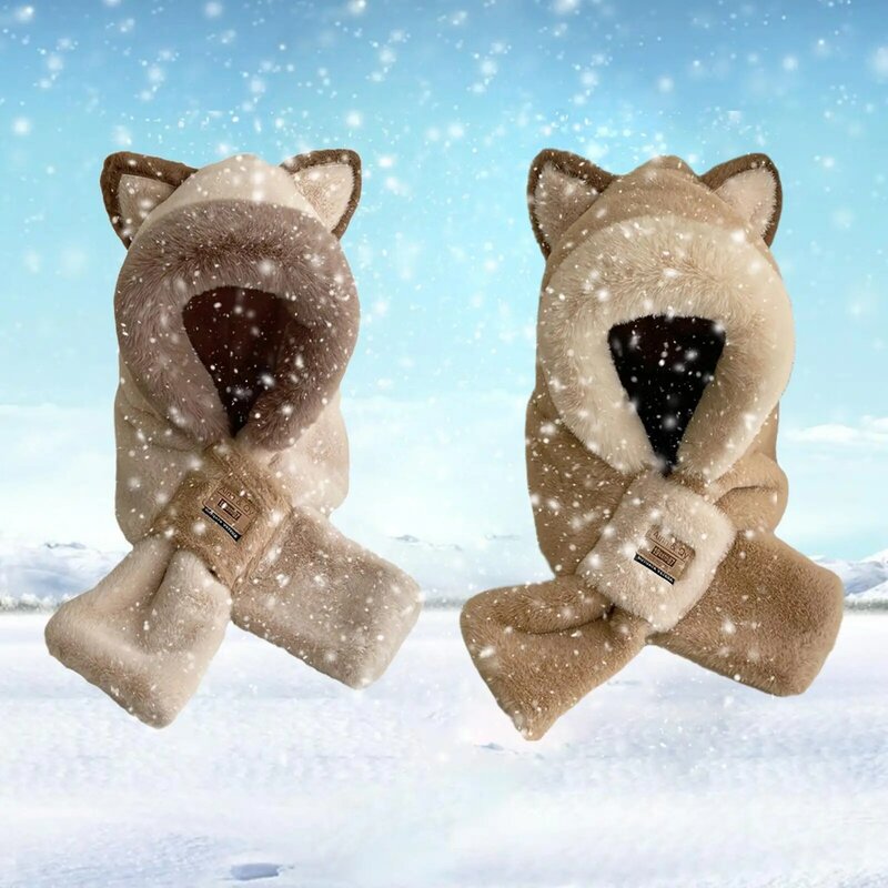 Plush Hooded Scarf Winter Hat Scarf Set Warm Windproof Casual Ear Protection Cap Costume Hats Animals Hat for Parties Outdoor