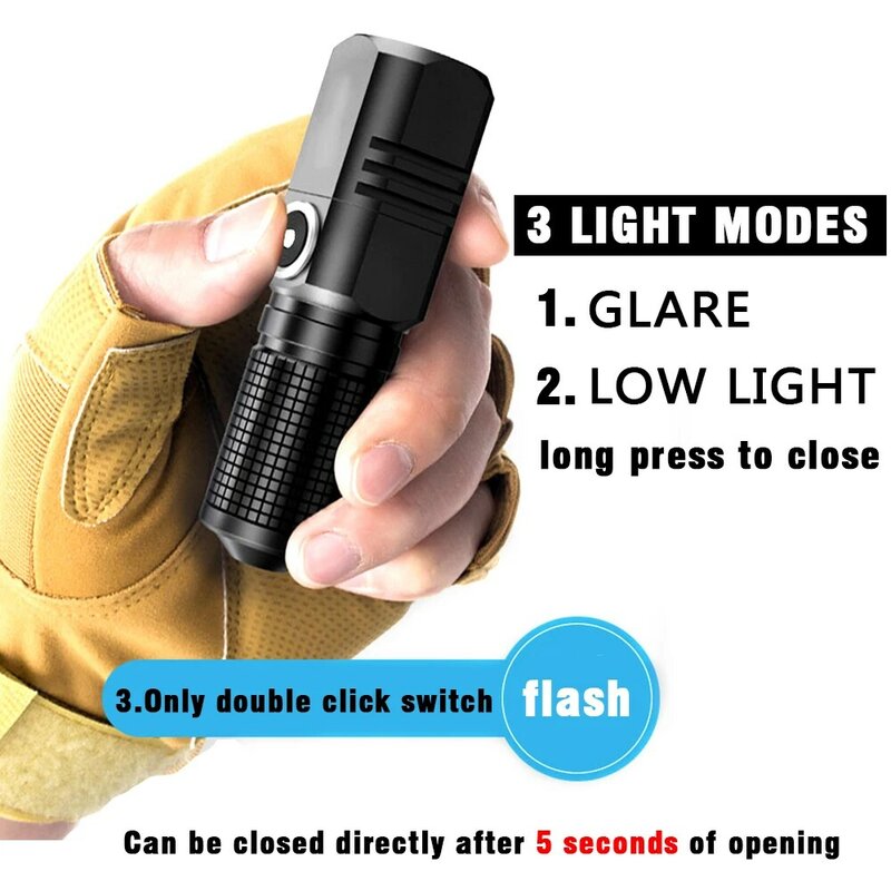 XHP50 LED USB C Rechargeable Mini 16340 18650 Battery Flashlight 1500lm Powerful Torch Can Be Closed with One Click