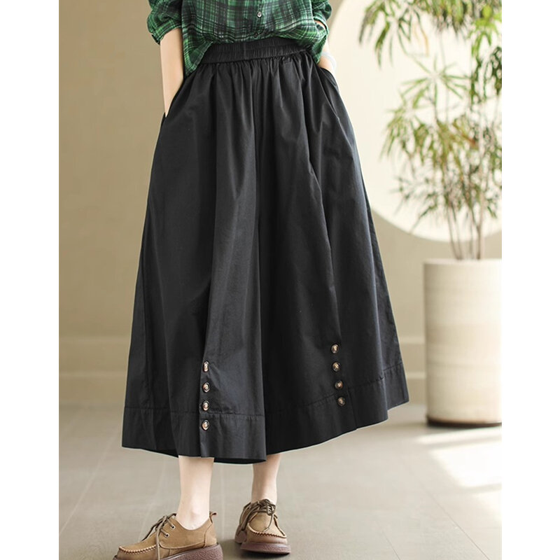 2024 New Arrival wysoki stan jednolity kolor luźne letnie szerokie nogawki spodnie Culotte Vintage moda uliczna kobiety na co dzień proste spodnie
