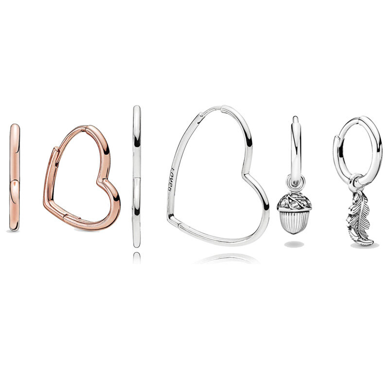 Authentische 925 Sterling Silber Ohrring Rose große & kleine asymmetrische Herzen der Liebe Eichel & Blatt Ohrring für Frauen Modeschmuck