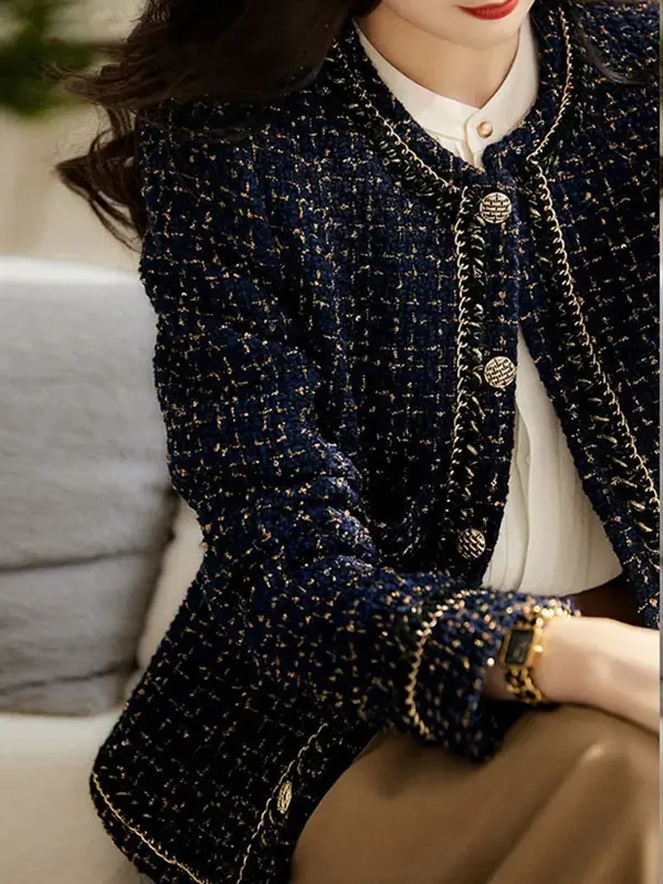 Koreaanse Mode Dames Lange Mouwen Zakken Bovenkleding Elegante O-hals Cropped Jasje All-Match Tweed Jas Voor Lente En Herfst