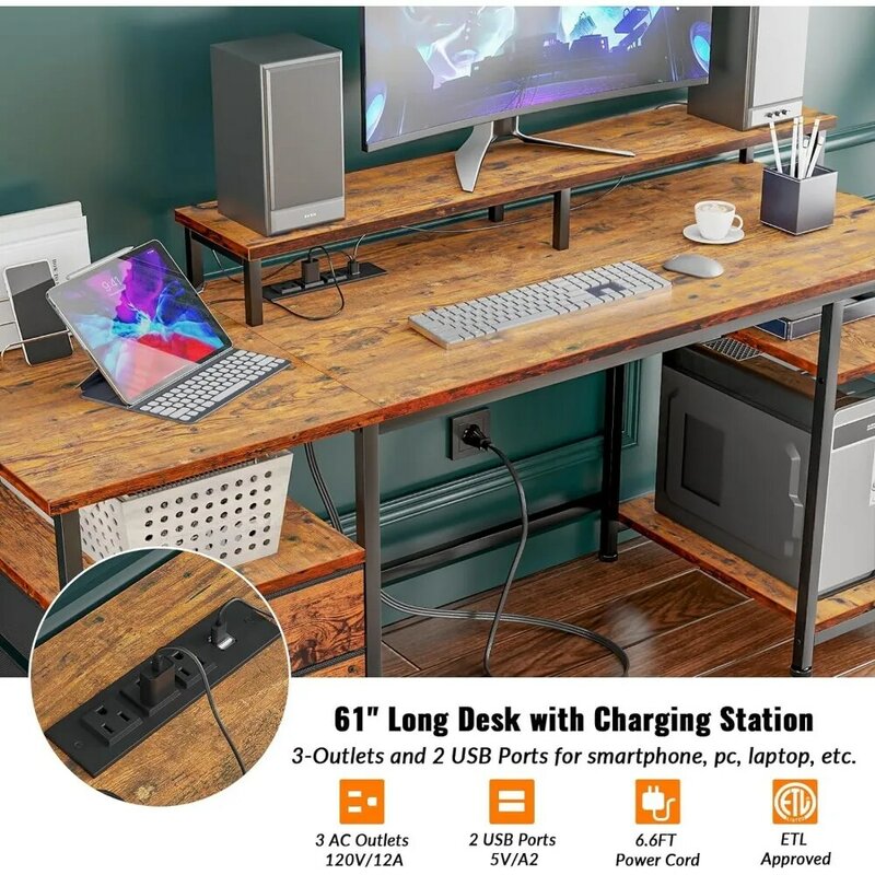 Furologee 전원 콘센트 및 USB 포트가 있는 컴퓨터 책상, 선반 및 서랍이 있는 대형 책상, 필기 공부 책상, 61 인치