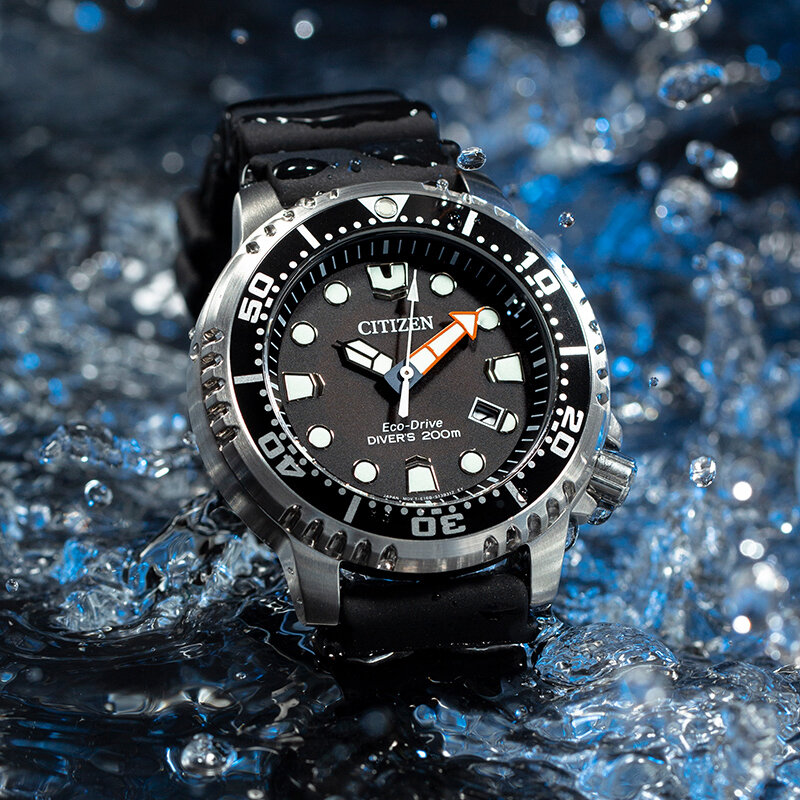 オリジナルシチズンエコロジー · ドライブ腕時計男性エコドライブシリーズ黒プレートスポーツダイビングウォッチシリコーン発光メンズ腕時計BN0150