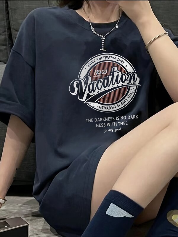 Camiseta con estampado de letras de gran tamaño, camiseta informal de cuello redondo de manga caída para primavera y verano, ropa para mujer