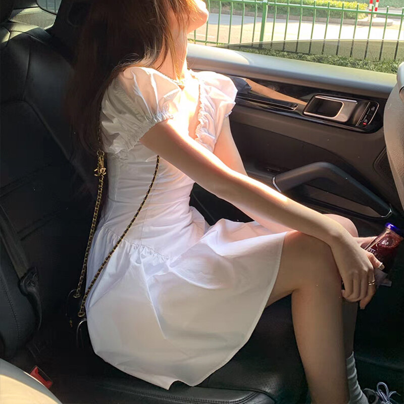 HOUZHOU Women's White Short Dress Sexy V-neck Korean Style Waist Slimming Dress Elegant Pleated Mini Sweet Black Dresses Summer