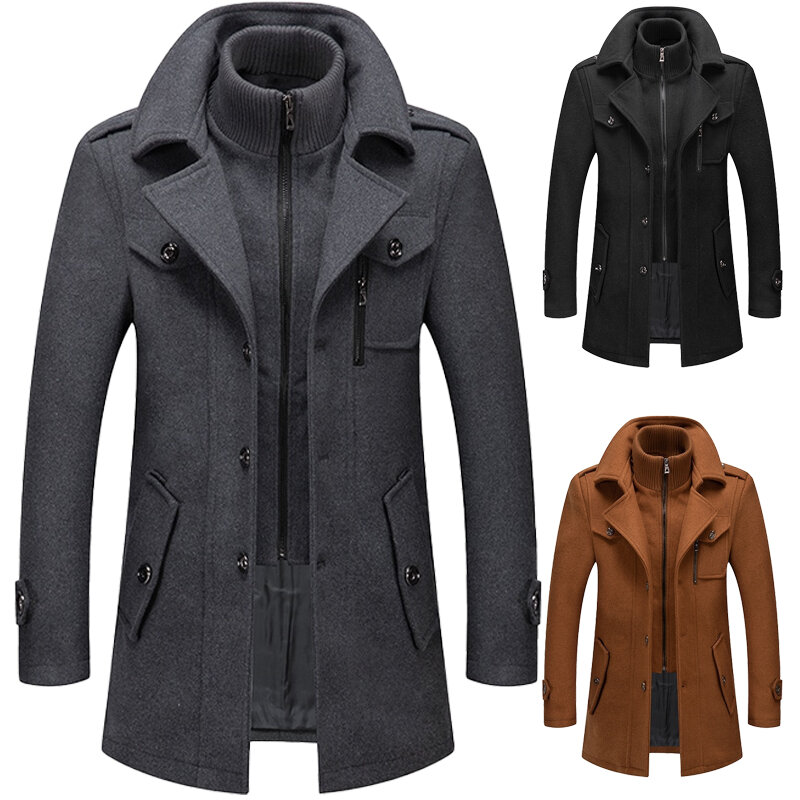Casaco de lã masculino com zíper, jaqueta longa, gola dupla, quente, jaqueta de lã grossa, moda outono e inverno