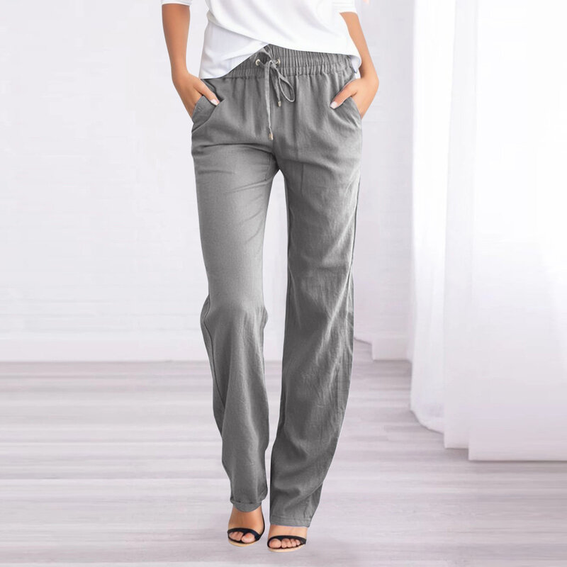 Celana panjang katun wanita, celana Harem kasual pinggang tinggi longgar lembut elastis musim panas warna polos 2024