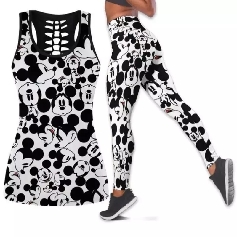 New Mickey Cartoon Women's Hollow Vest Women's Leggings Yoga Suit Fitness Leggings Sports Suit Disney Tank Top Legging Set