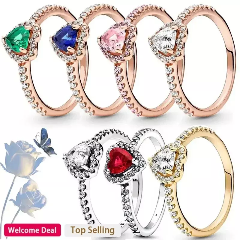 Cincin perak Sterling 925 cincin kristal warna-warni hati merah cocok gelang Pandora asli wanita DIY perhiasan Hari Valentine