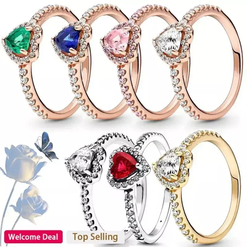 Anillo de Plata de Ley 925 para mujer, accesorio de cristal colorido con forma de corazón rojo, compatible con pulseras Pandora originales, joyería artesanal para el Día de San Valentín