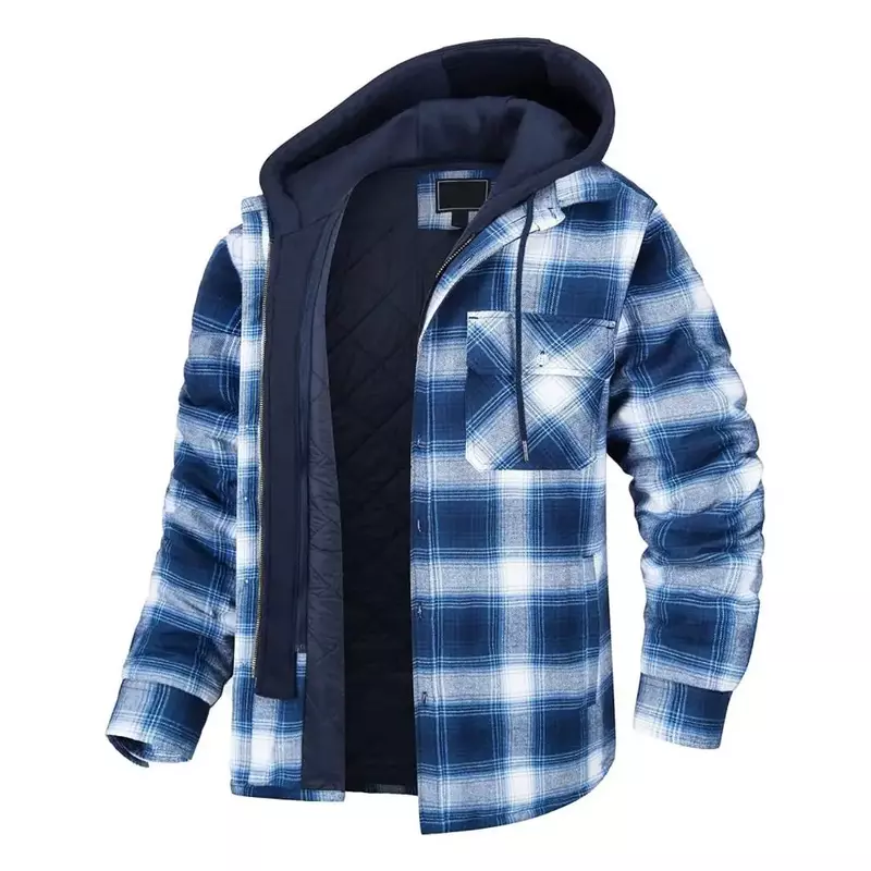 Winter Men's Hooded Jacket Drawcord Fashion Men's Thickened Hooded Cotton Windproof Parkas Plaid Shirt Casual Jackets for Men