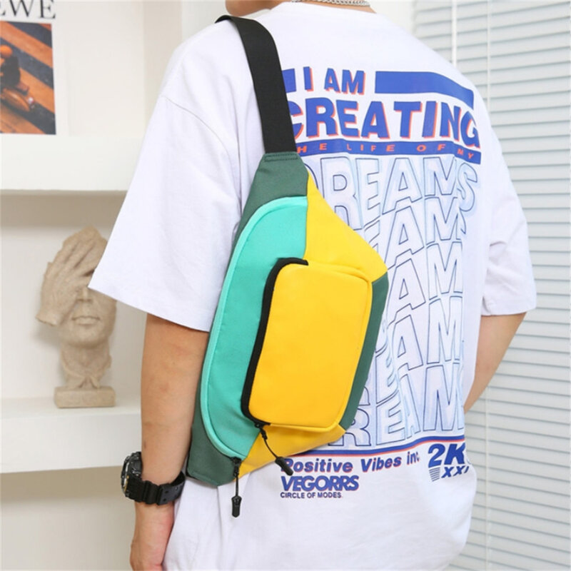 Tas dada selempang serbaguna pria wanita, tas pinggang kapasitas besar Hip Hop olahraga modis warna kontras