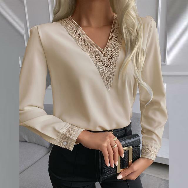Новинка 2024, модная женская блузка, стильные осенние офисные элегантные топы, корейские кружевные блузки с длинным рукавом и V-образным вырезом, белые рубашки