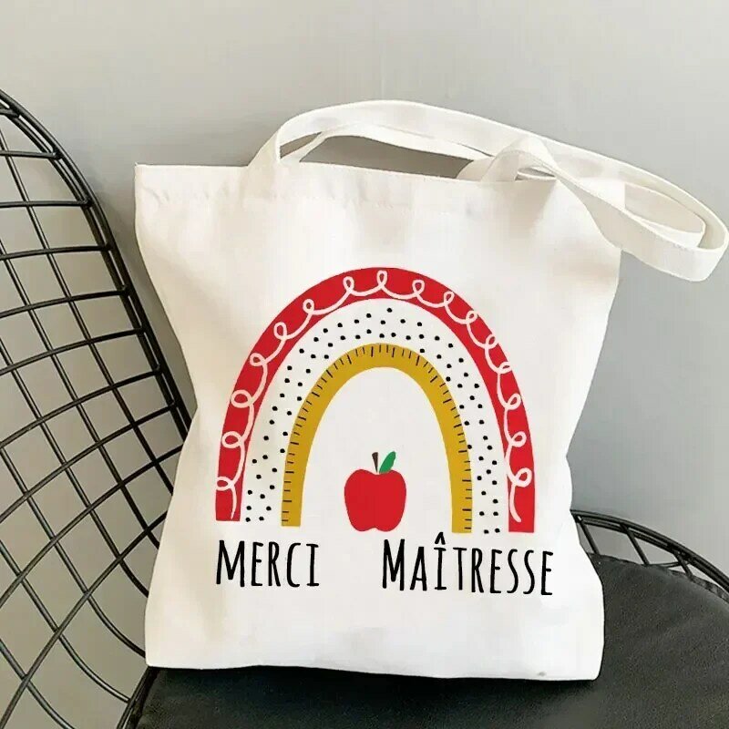 HLTN03  Merci Teacher French Print Women's Shoulder Bags Pattern Women Canvas Shopping Bag