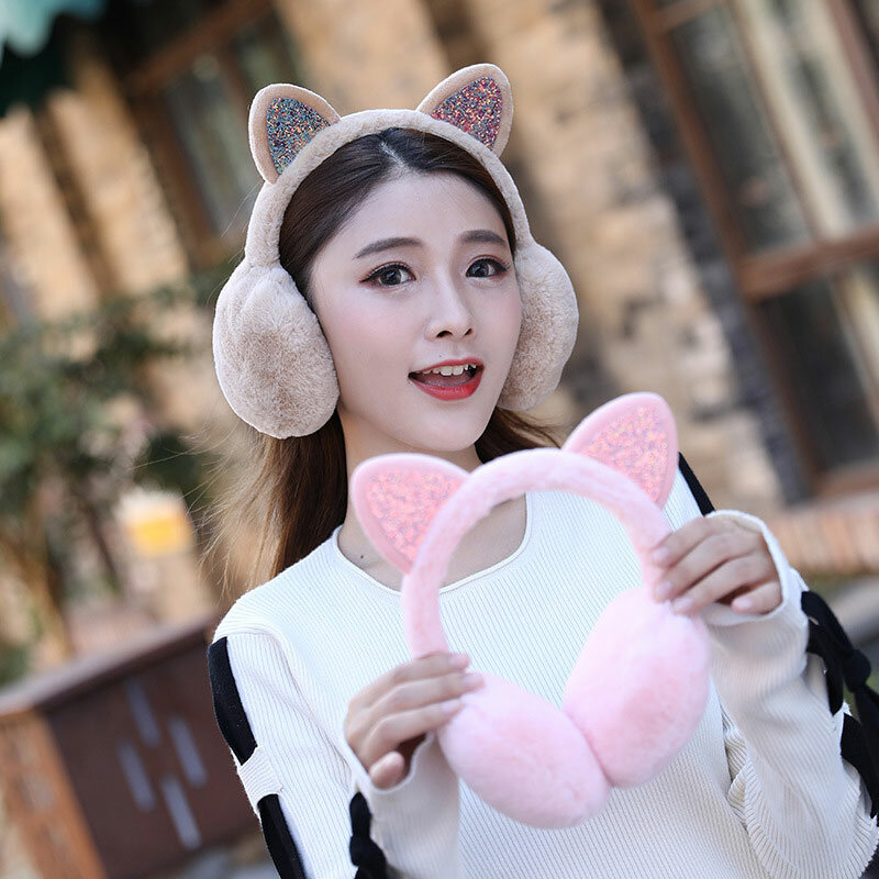 ฤดูหนาวแมวกระต่ายฟ็อกซ์สัตว์หูอุ่น Earmuffs Fluffy Earflap Headband Glitter หูตุ๊กตาพับได้ Earflap Muffs หู